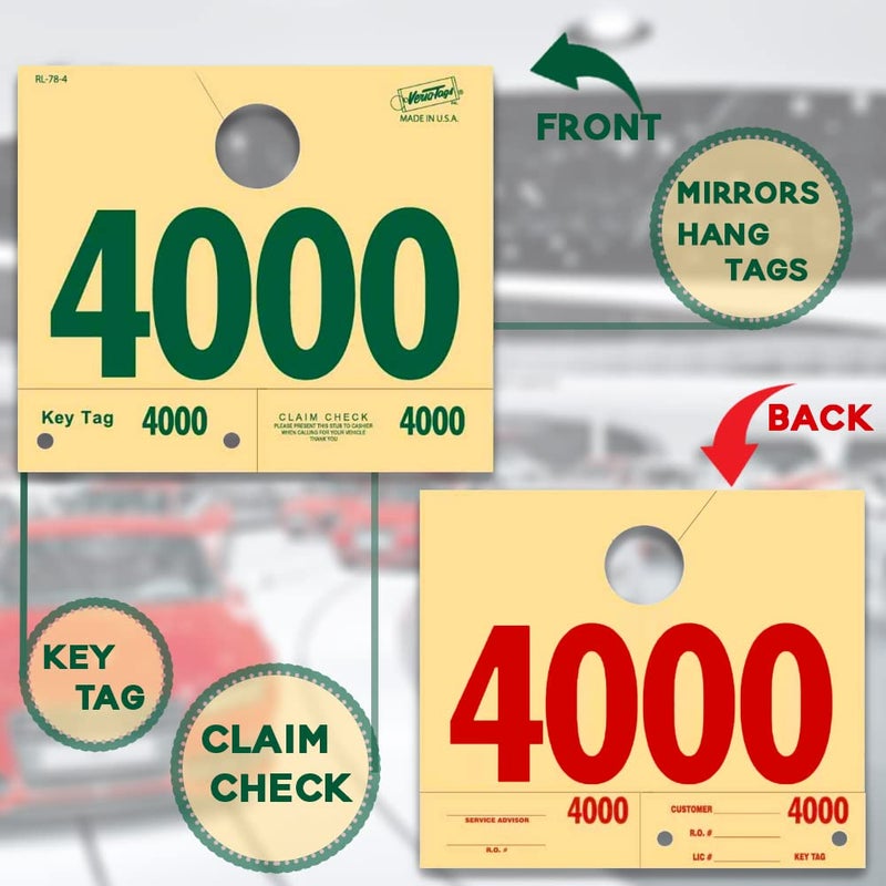 Versa-Tags 1000 Automotive Service Dispatch Numbers Mirror Hang Tags Numbered 4000-4999 RL78 Style Red Green Service Dispatch Numbers Manilla Card Stock with 1.25 Slotted Hang Cutout - Image 5
